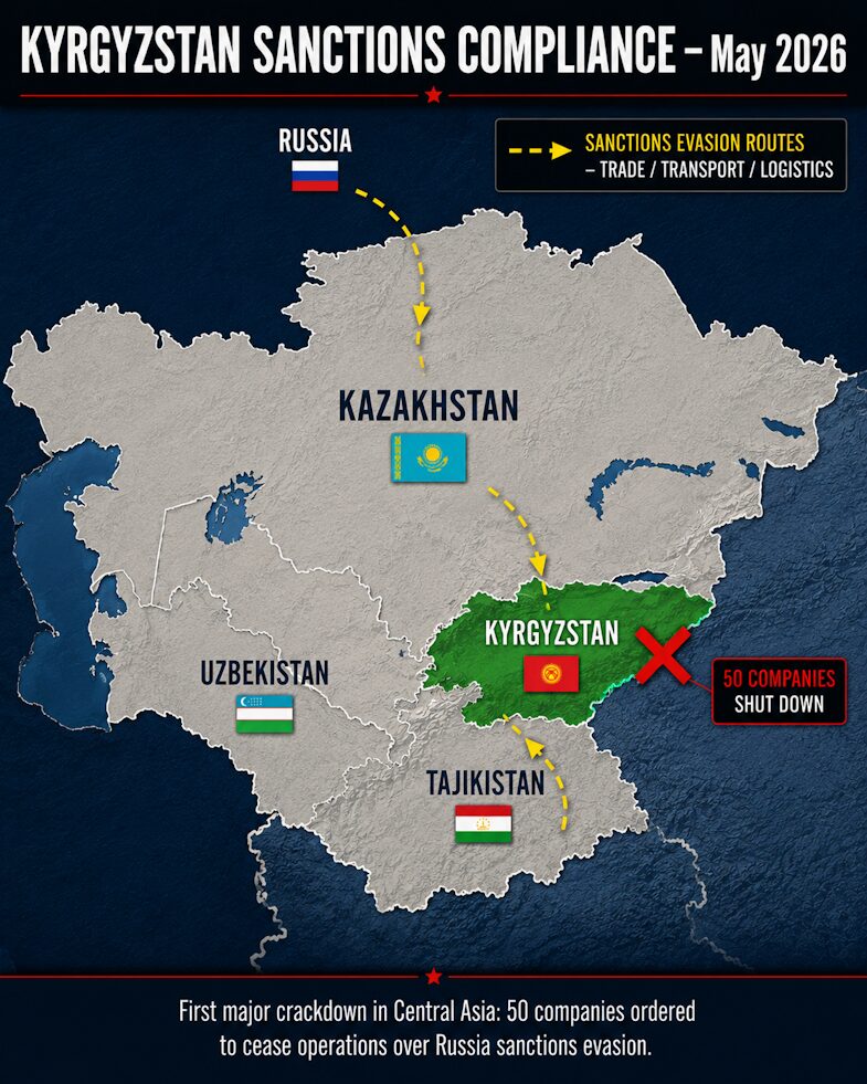 Kyrgyzstan Sanctions Compliance Map: 50 Companies Closed. 