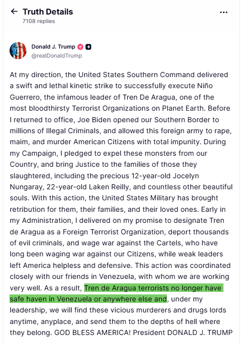 The announcement that ended Niño Guerrero's reign, direct from President Trump on Truth Social.  High light added by Chomcho.com. 