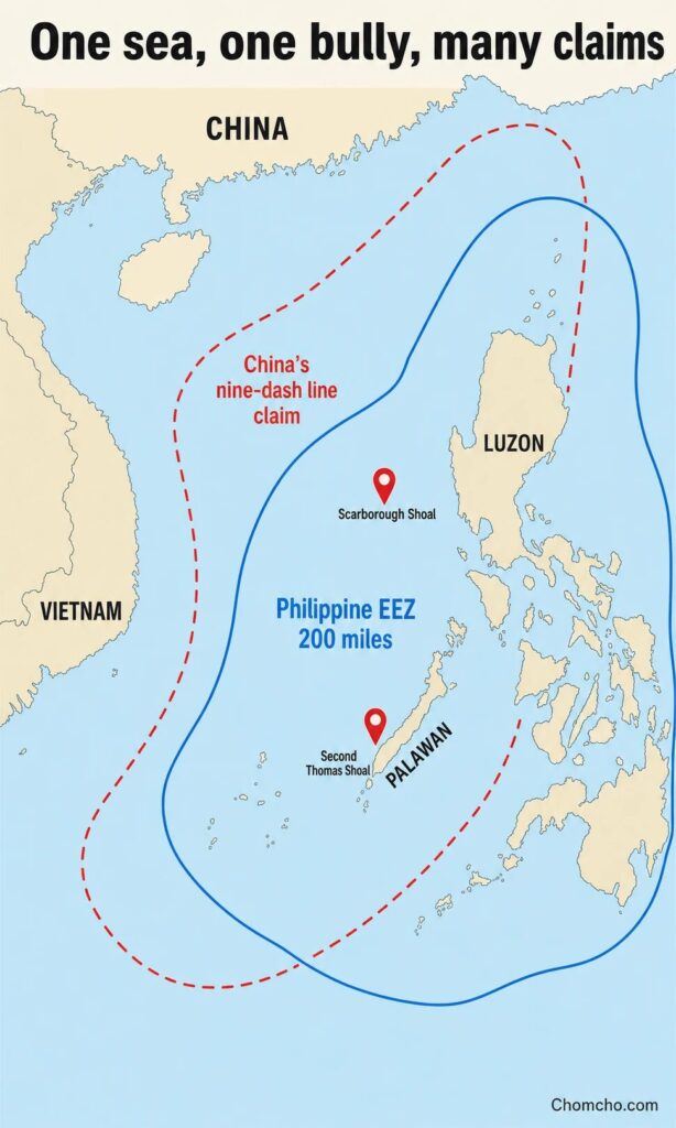 Both shoals sit inside the Philippine zone, China claims them anyway.