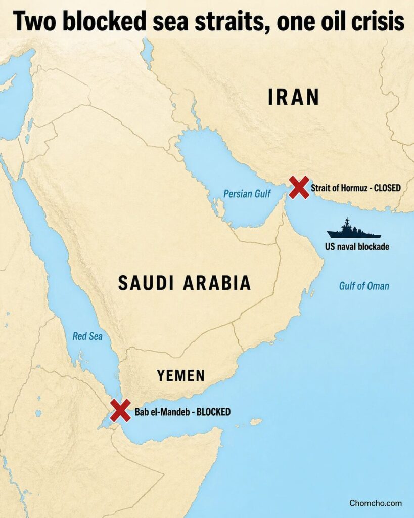 Hormuz and Bab el-Mandeb blocked at the same time, oil at 100 dollars.