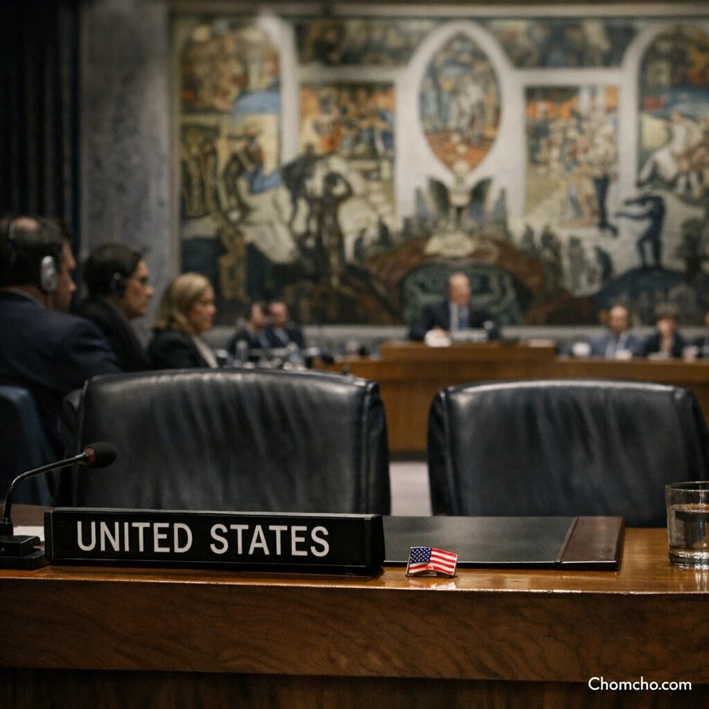 The American seats sat empty while the French ambassador delivered his speech.