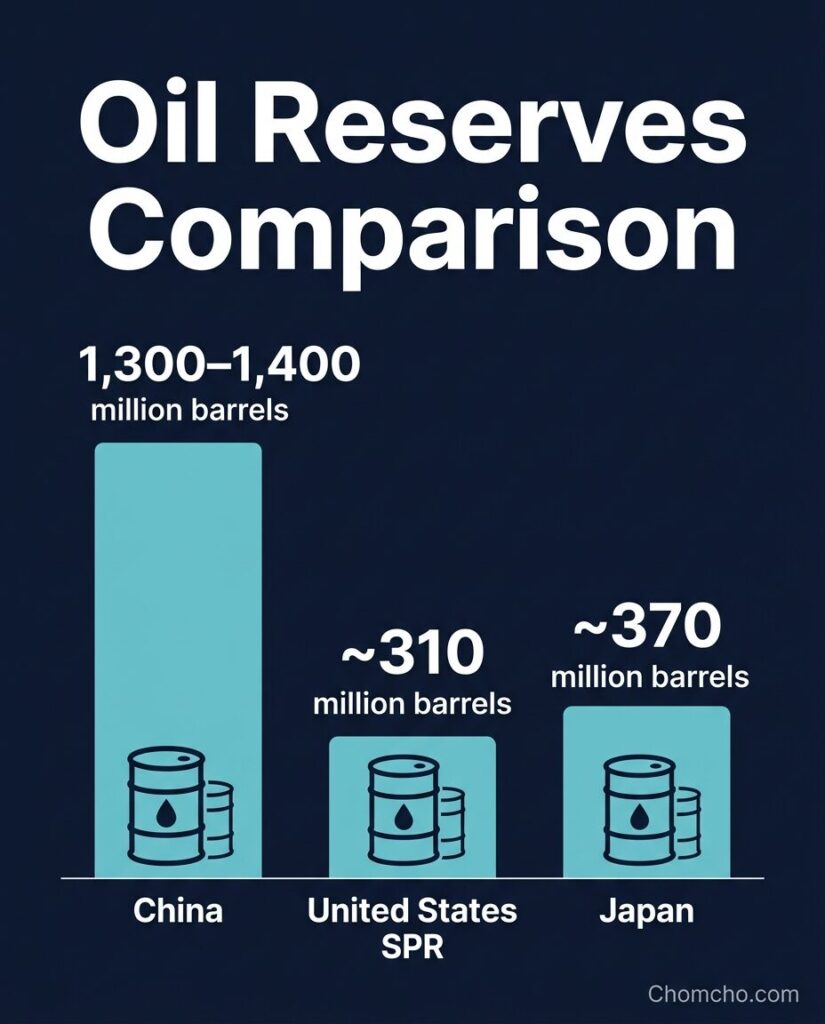 China’s oil reserves dwarf the U.S. Strategic Petroleum Reserve and Japan’s combined stocks.