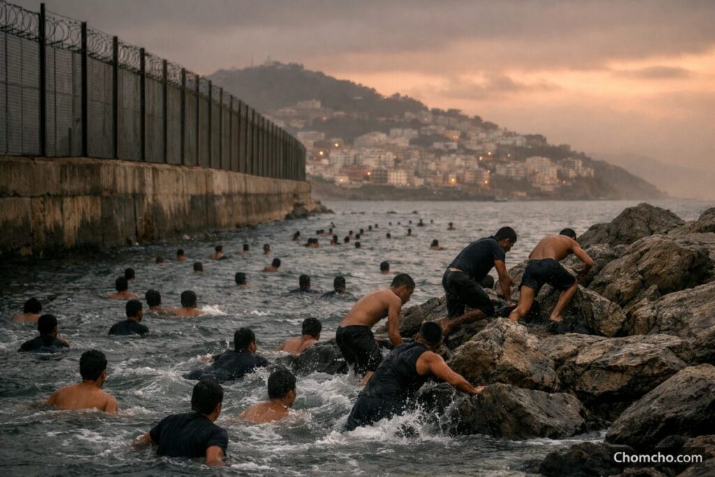 Migrants swim around the Ceuta border barrier from Morocco.