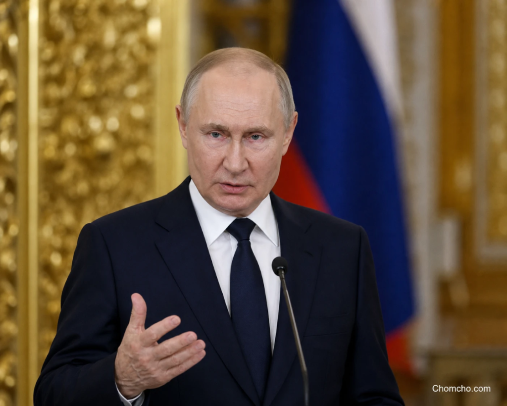 El presidente ruso Vladimir Putin habla en una rueda de prensa del Kremlin, calificando de imaginaria la amenaza rusa a Europa y advirtiendo de que las tropas europeas en Ucrania significarían la guerra.