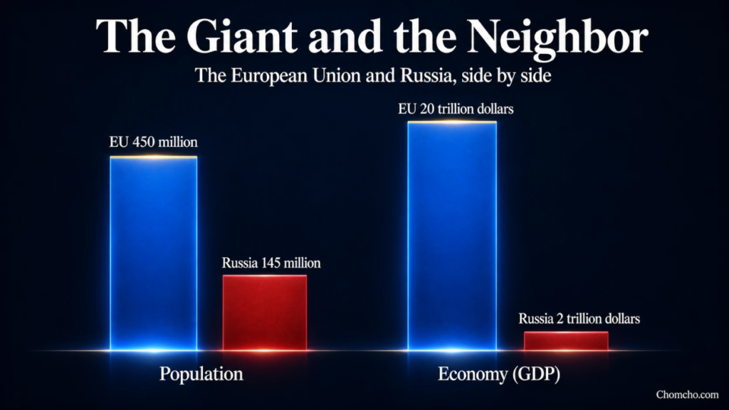 Bar chart measuring the Russia threat to Europe in numbers: the EU's 450 million people and 20 trillion dollar economy against Russia's 145 million and 2 trillion.