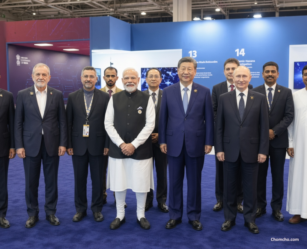 Ilustración generada por IA de la fotografía familiar en la cumbre de los BRICS en Nueva Delhi, donde once gobiernos posaron juntos mientras perseguían once agendas nacionales separadas.