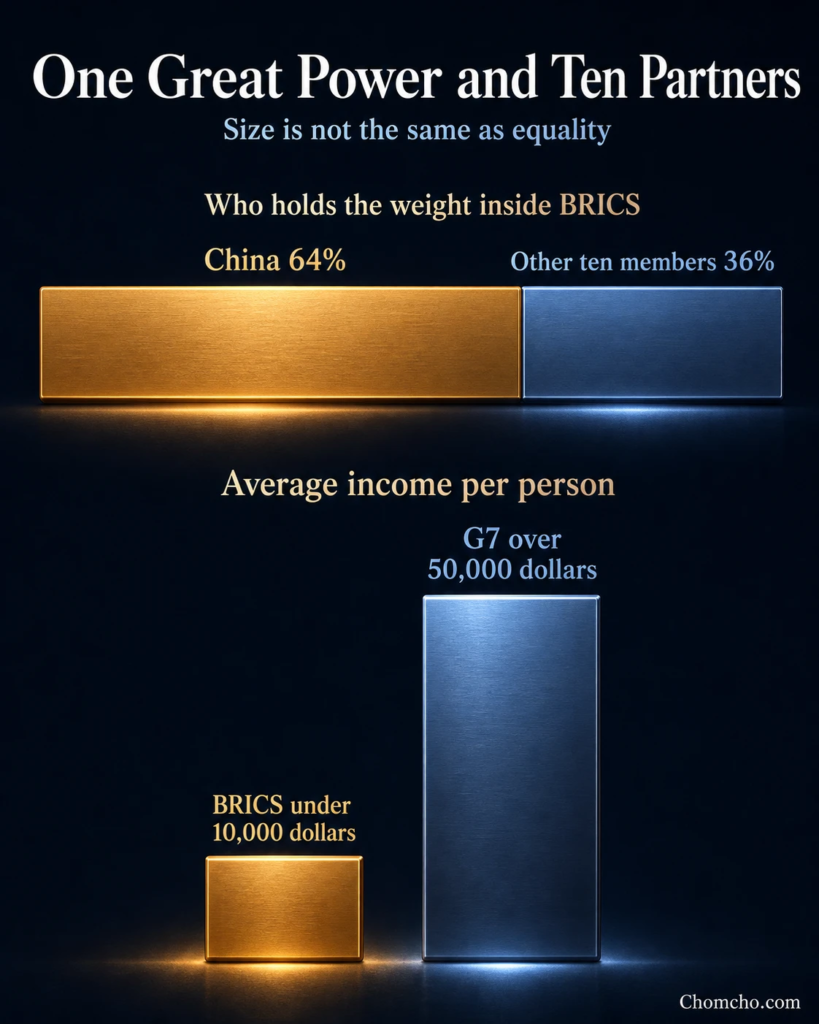 Chart showing China holding about 64 percent of BRICS economic weight, and the wide average income gap between the bloc's citizens and those of the G7.