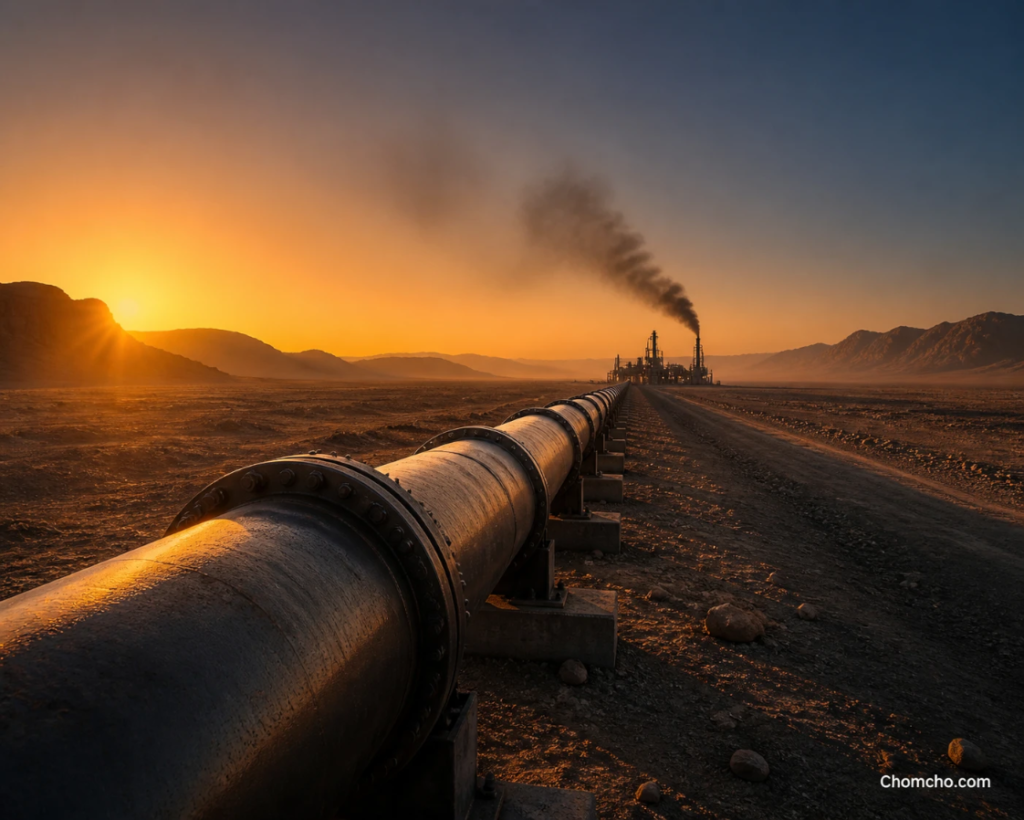 Ilustración generada por IA de un oleoducto de petróleo crudo que cruza el desierto hacia una estación de bombeo, la ruta en el centro de la crisis mundial de combustible.