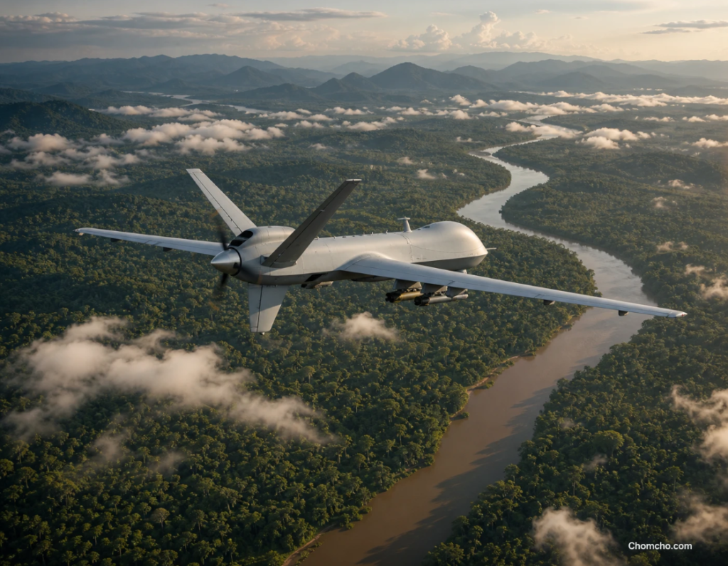 Un drone MQ-9 Reaper sorvola una giungla tropicale e un fiume, il tipo di sorveglianza che la Dottrina Donroe porterebbe in America Latina.