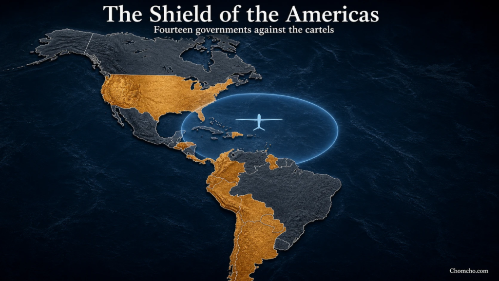 Mappa dei paesi membri dello Shield of the Americas, con la zona del nord del Sud America e dei Caraibi dove opererebbero i droni Reaper.