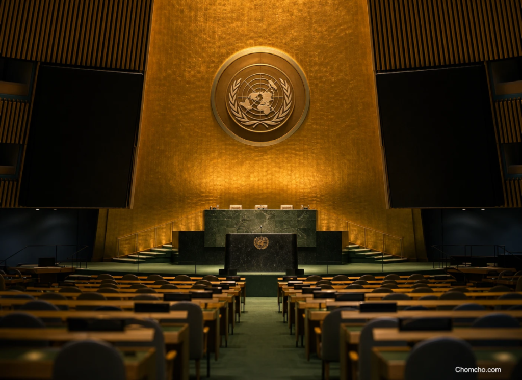 El estrado vacío del salón de la Asamblea General de la ONU en Nueva York, donde Trump habla el martes y Pezeshkian el miércoles en una semana crucial de la guerra con Irán.