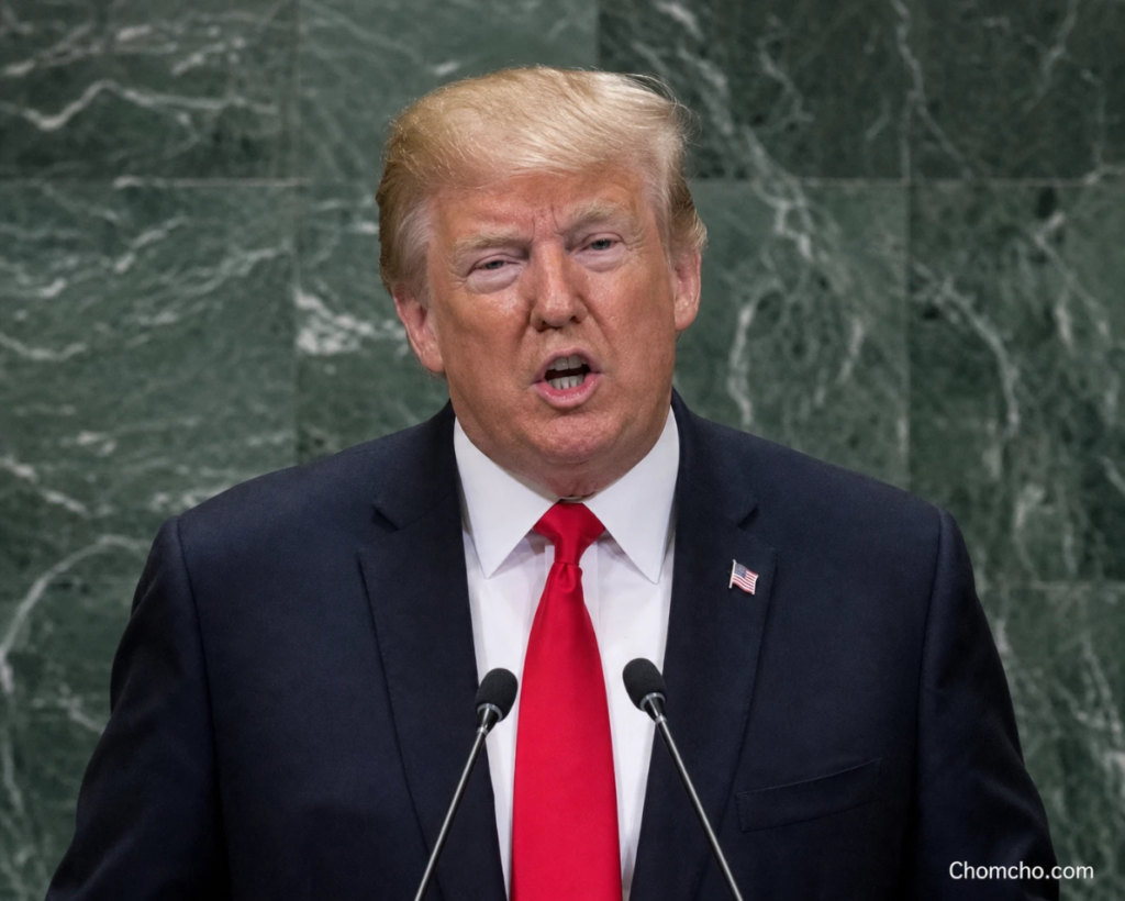 Ilustración generada por IA del discurso de Trump ante la ONU en el estrado de la Asamblea General, donde redujo sus opciones sobre Irán a un acuerdo o la aniquilación.