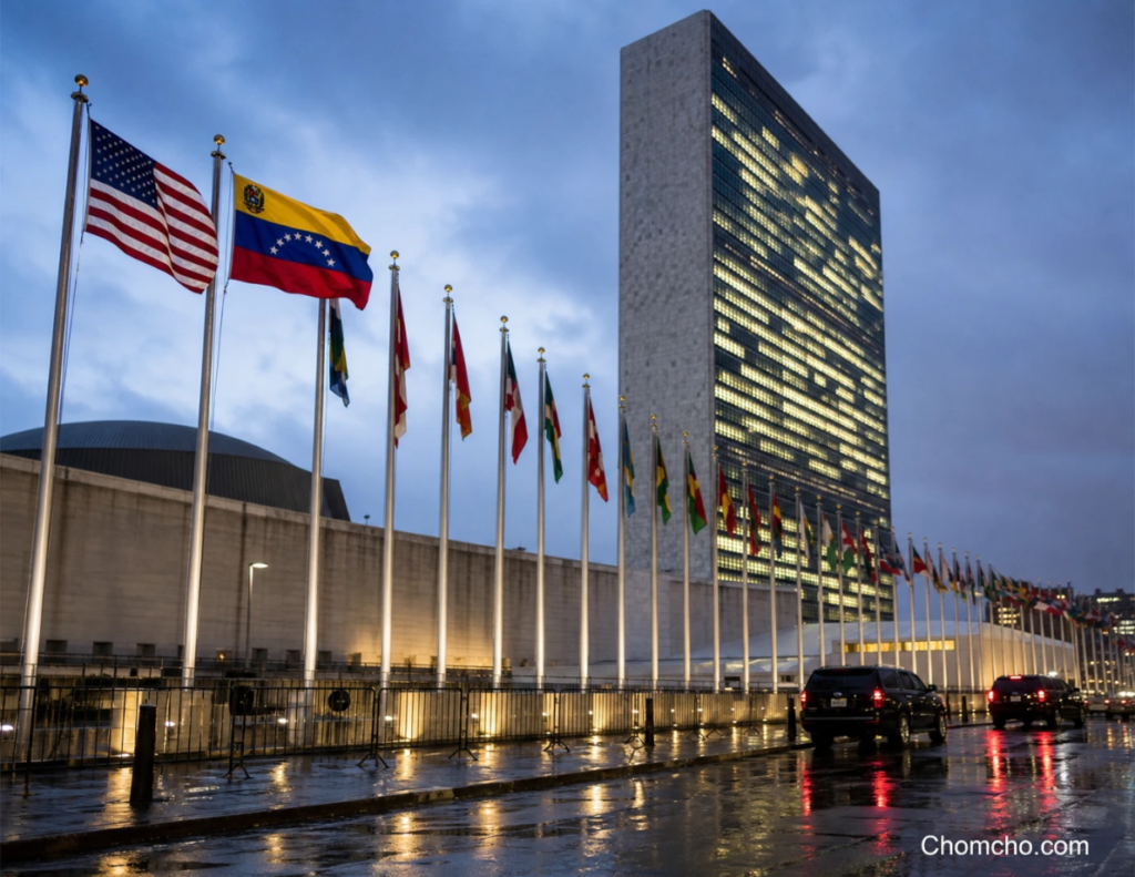 Rangée de drapeaux nationaux devant le siège des Nations Unies à New York au crépuscule, lors de la semaine de l'Assemblée générale, avec les drapeaux des États-Unis et du Venezuela côte à côte au premier plan et la tour du Secrétariat illuminée derrière eux.