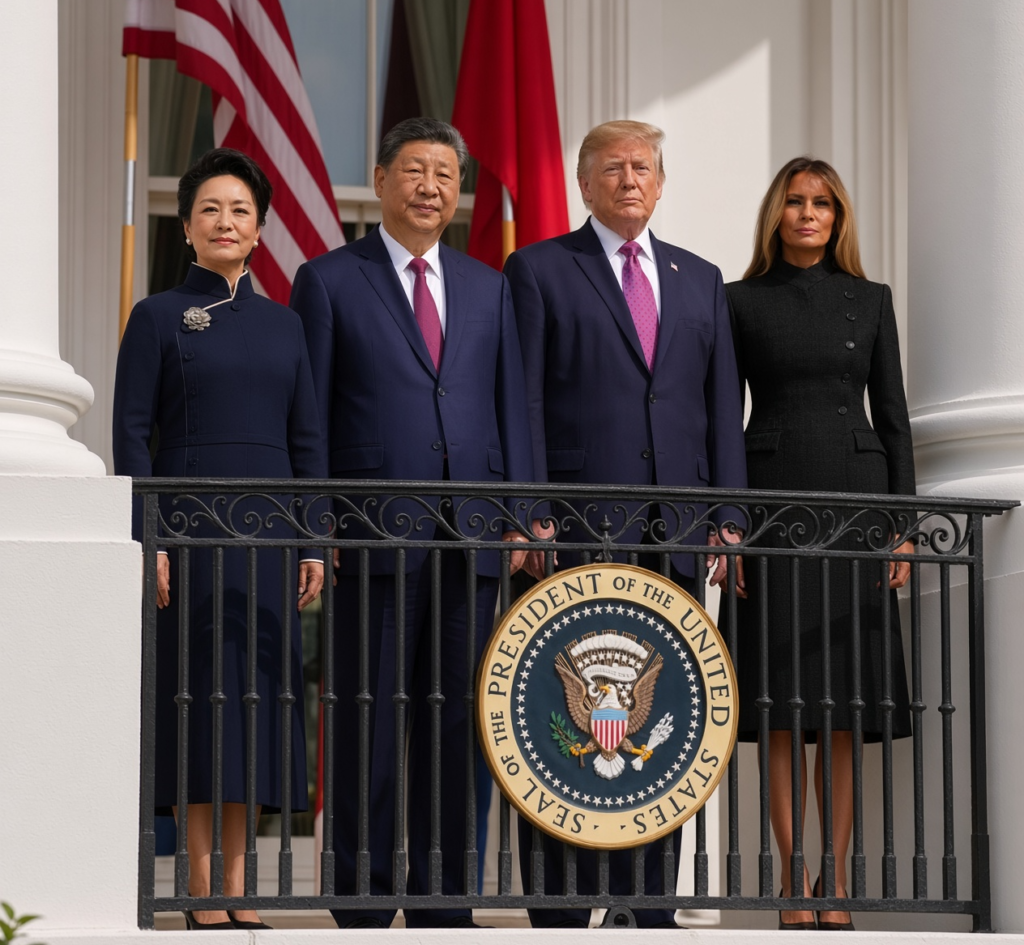 Ilustración generada por IA de las dos parejas presidenciales de pie una al lado de la otra en el Balcón Truman de la Casa Blanca, Peng Liyuan y Xi Jinping a la izquierda, Donald y Melania Trump a la derecha, con las banderas estadounidense y china detrás de ellos y el sello presidencial en la barandilla.