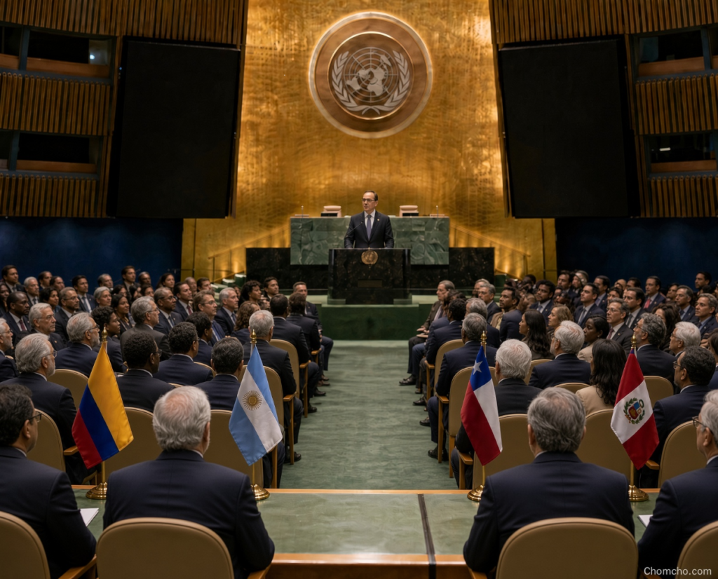 Illustrazione generata dall'intelligenza artificiale del vicepresidente colombiano José Manuel Restrepo che parla al podio di marmo verde dell'Assemblea Generale delle Nazioni Unite sotto l'emblema dorato dell'ONU, con le bandiere da tavolo di Colombia, Argentina, Cile e Perù tra i delegati nelle prime file.