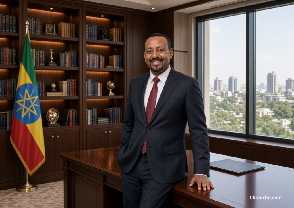 KI-generierte Illustration von Äthiopiens Premierminister Abiy Ahmed, der in einem Büro neben der äthiopischen Flagge steht, dem Friedensnobelpreisträger, dessen Regierung erneut im Krieg mit der Volksbefreiungsfront von Tigray ist.