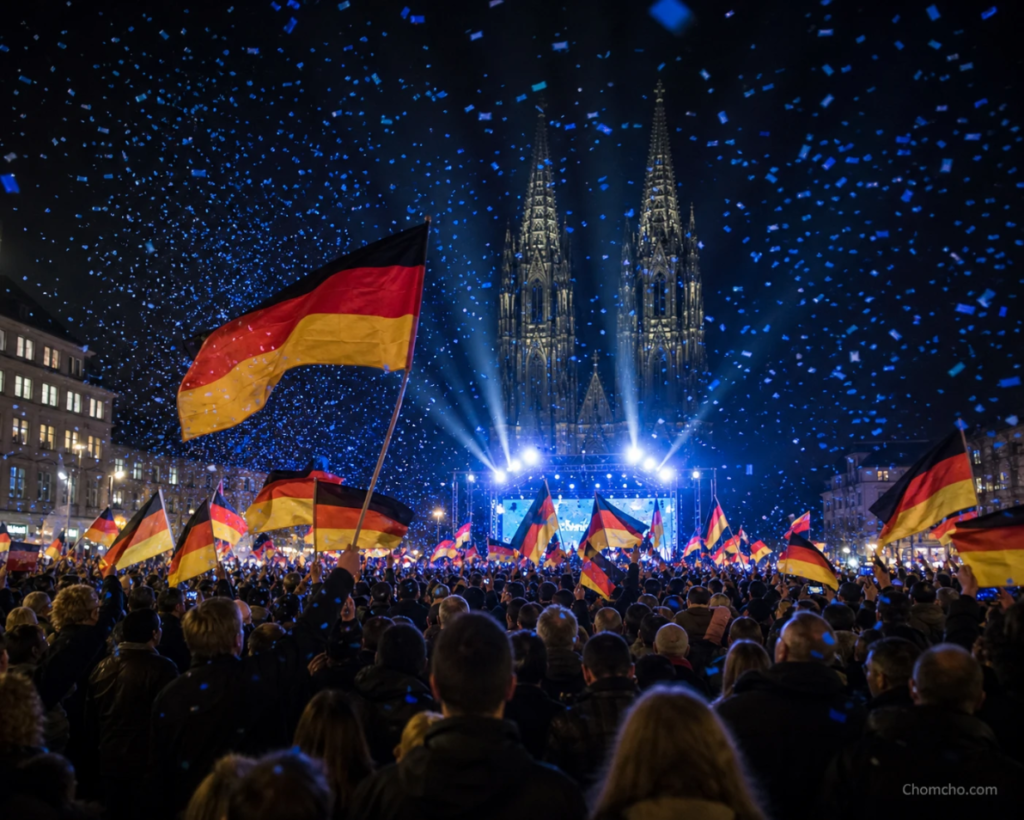 Uma multidão agita bandeiras alemãs celebrando a vitória do AfD na Saxônia-Anhalt.