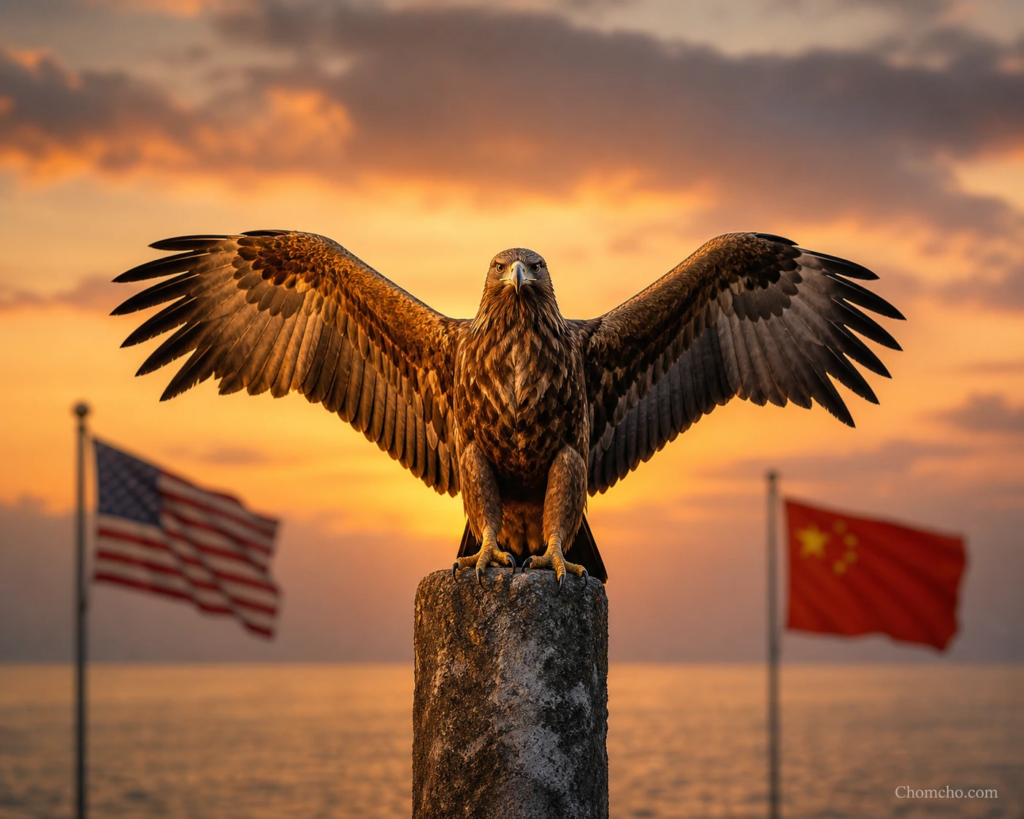 An eagle perched between the flags of the United States and China, symbolizing non-aligned Indonesia.