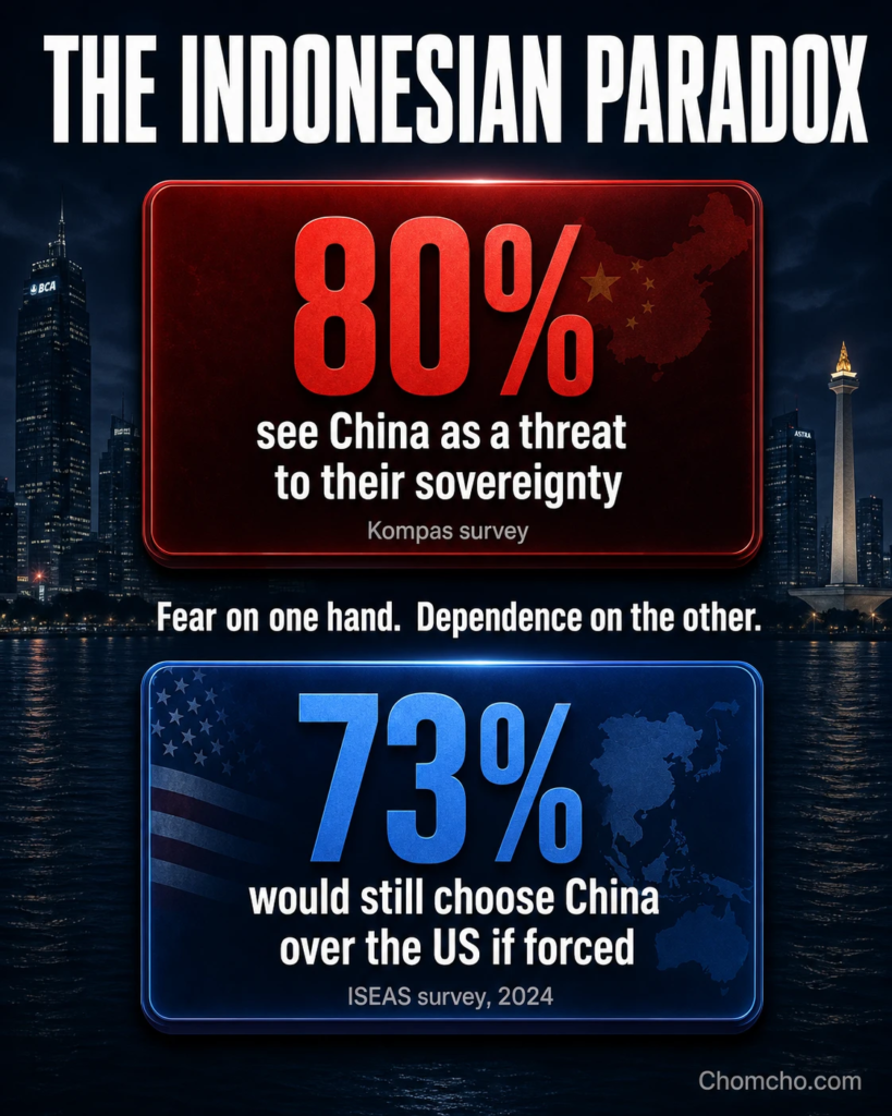 Infographic showing Indonesians fear China as a threat yet would choose it over the United States.