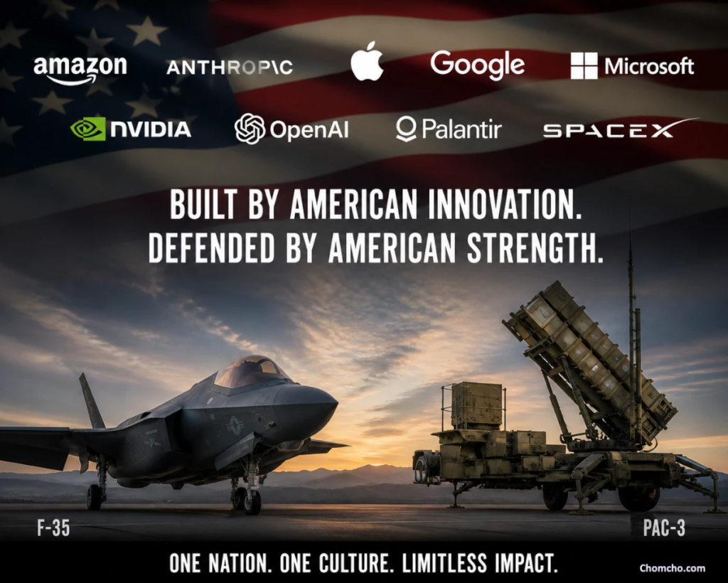 Graphic with the logos of Amazon, Anthropic, Apple, Google, Microsoft, Nvidia, OpenAI, Palantir and SpaceX over an American flag, above an F-35 fighter jet and a Patriot missile launcher at sunset, with the slogans "Built by American innovation. Defended by American strength." and "One nation. One culture. Limitless impact."
