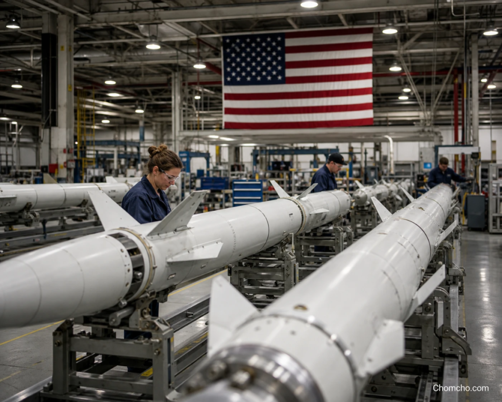 AI-generated illustration of an American missile factory with rows of white air-defense interceptors on assembly cradles, technicians inspecting them and a large American flag overhead, illustrating the U.S. push to expand weapons production.