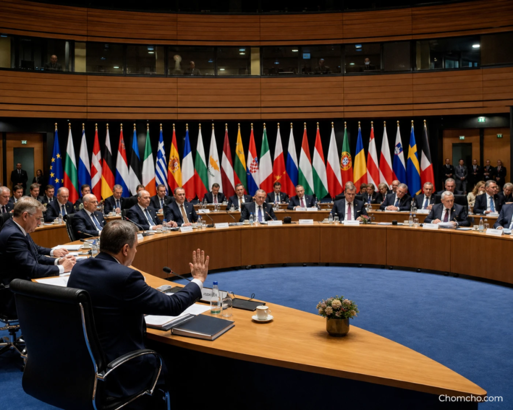 Scène photoréaliste d'un sommet du Conseil européen où un dirigeant lève la main ouverte en signe d'arrêt tandis que 26 autres attendent.