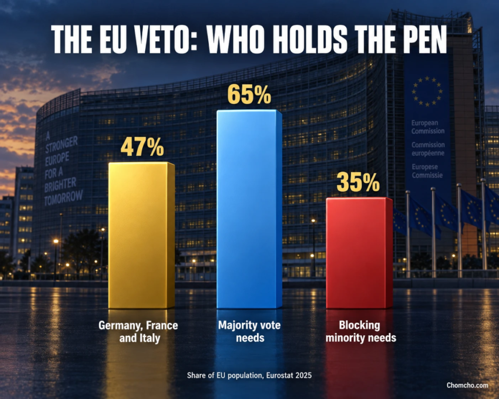 Infographic with three glossy bars showing Germany, France and Italy at 47 percent of EU population, a majority vote at 65 and a blocking minority at 35.