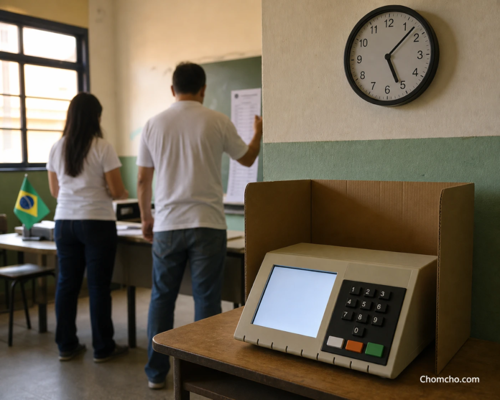 Centro de votación brasileño fotorrealista con una máquina de votación electrónica encendida sobre un escritorio y un reloj de pared que marca las cinco y siete minutos.