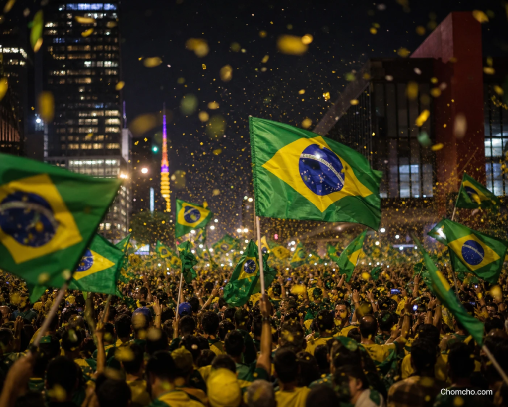 AI-generated illustration of a nighttime crowd on Avenida Paulista in São Paulo waving Brazilian flags in green and yellow, with confetti in the air and the city skyline behind, illustrating the celebrations after the first round of the 2026 Brazil elections.