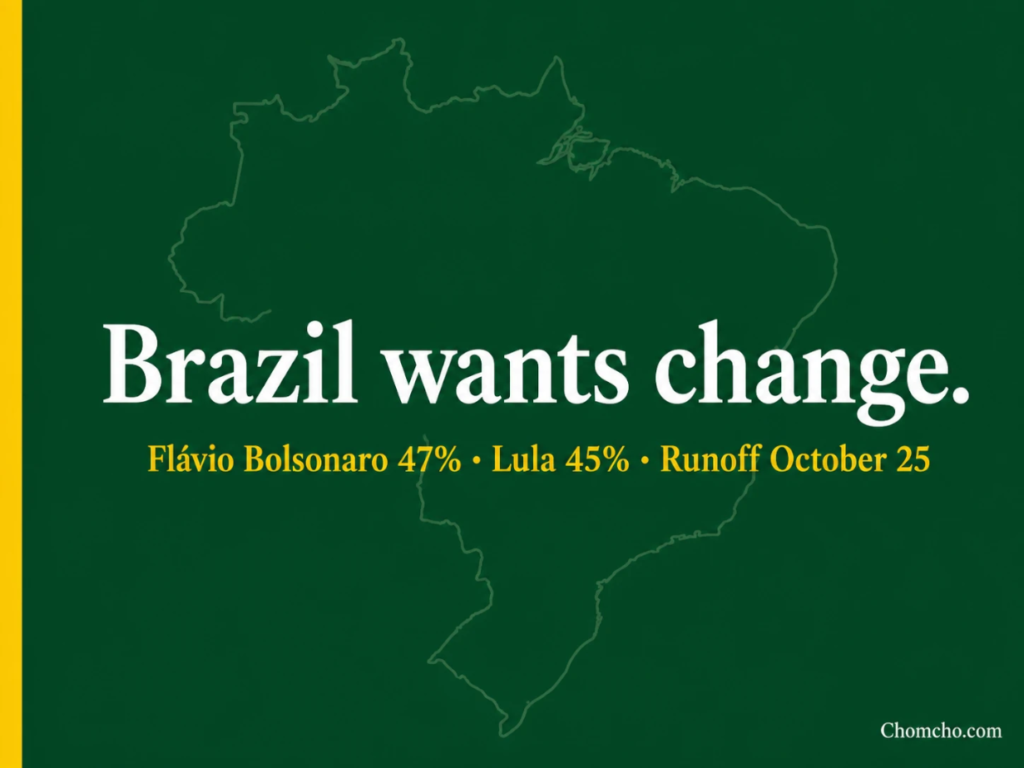 Quote graphic on a green background with a faint map of Brazil, showing Flávio Bolsonaro's words "Brazil wants change" above the first-round result of the Brazil elections, 47 percent to Lula's 45, and the runoff date of October 25.