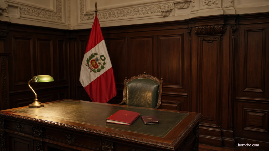 Beijing courts Peru: an empty senator's office in Lima with the Peruvian flag, a red booklet with a gold star and a passport on the desk. AI-generated illustration.
