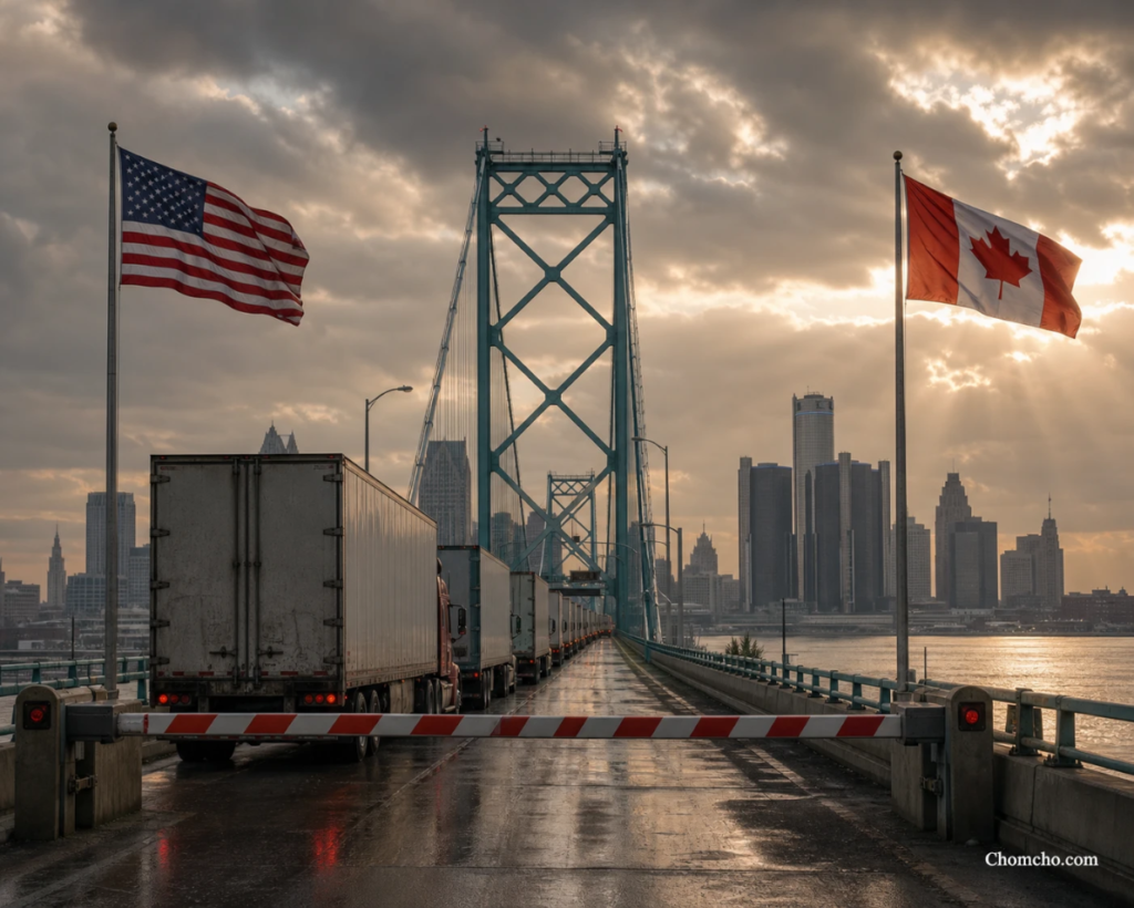 US-Canada trade war: freight trucks stopped at a lowered barrier on the Ambassador Bridge between Detroit and Windsor, under the American and Canadian flags.  AI-generated illustration.