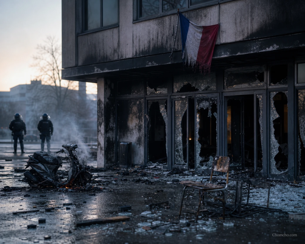 AI illustration of a burned French high school after the riots, while France blames Musk for the unrest.