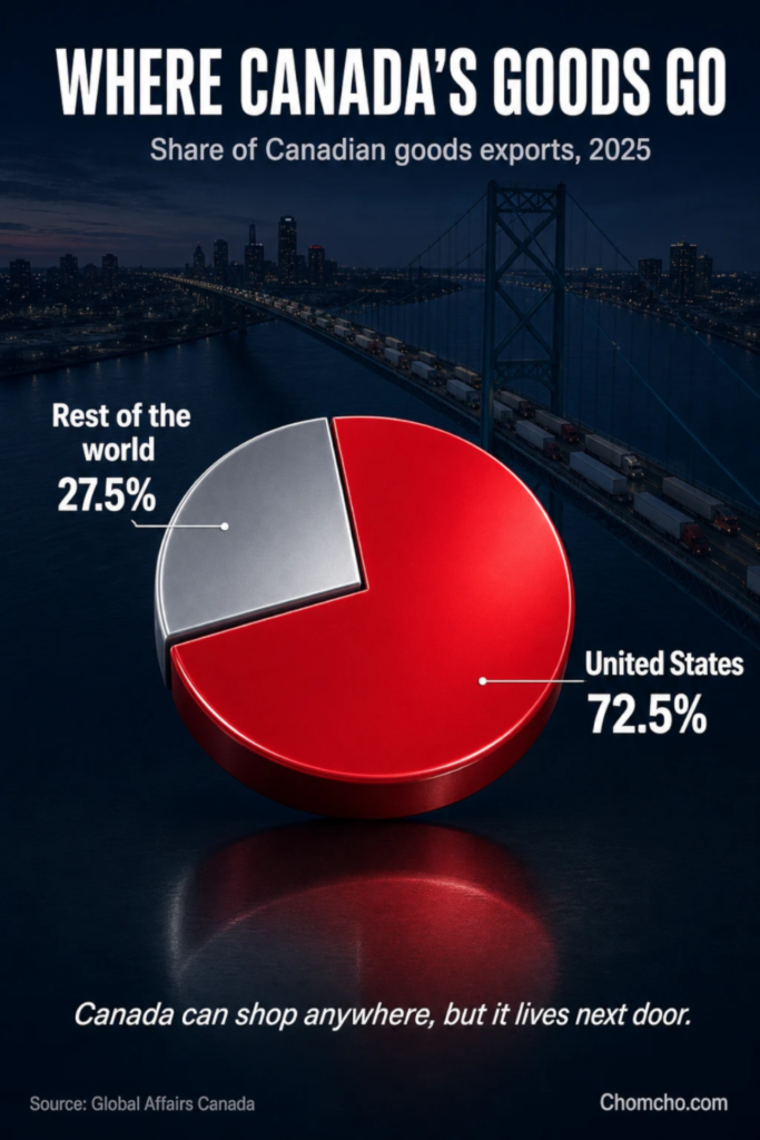US-Canada trade war chart: in 2025, 72.5 percent of Canada's goods exports went to the United States and 27.5 percent to the rest of the world.